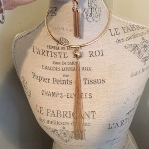 Gold tone long fringe tassel necklace